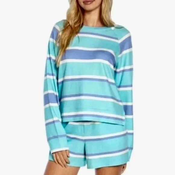 NWT!! WILDFOX Two-Piece Set Top Shorts Green Blue Stripe Loungewear XX-Large XXL - Picture 1 of 16